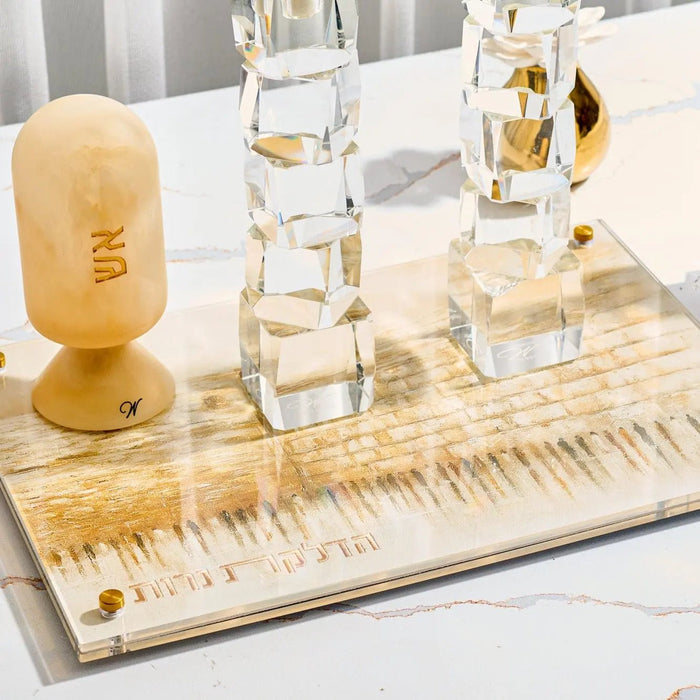 Jerusalem Taupe Hadlokas Neiros tray with wooden base, glass candlestick holders, and matching accessories for Shabbat candle lighting ceremonies.