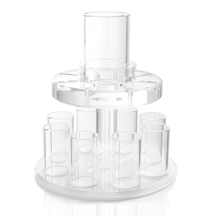 Clear acrylic Kiddush fountain with multiple tiers and small cups, traditional wine dispensing design for Shabbat celebrations.