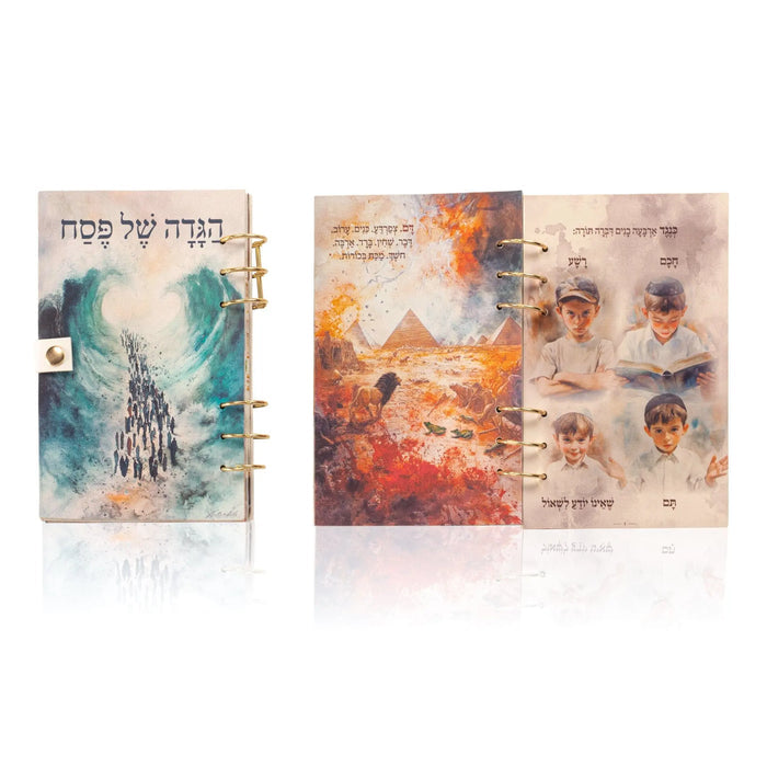 Kids Leather Painted Haggadah featuring three book covers with watercolor artwork in blue, orange, and multicolor designs for Passover celebrations.