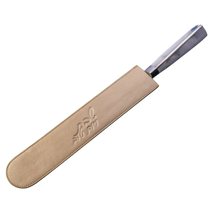 Tan leather knife blade cover with wood handle and metal ferrule, designed to protect knife edges during storage and transport.