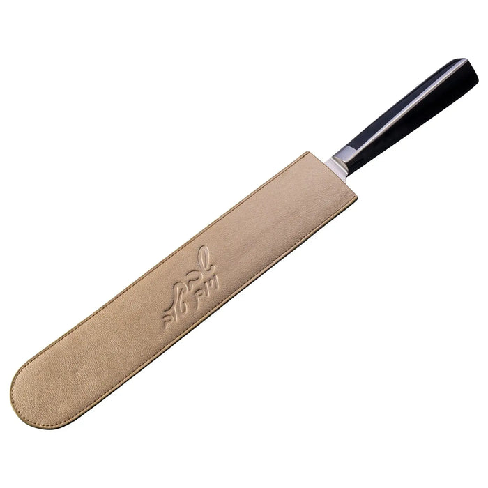 Tan leather knife blade cover with black handle grip and metal ferrule, designed to protect knife edges during storage and transport.