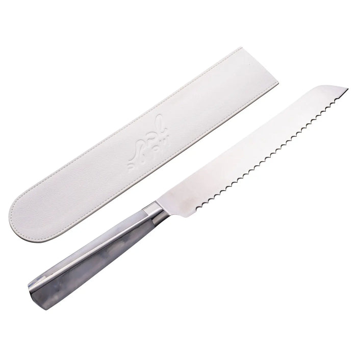Waterdale Collection leather knife blade cover in gray with serrated knife shown for size reference, designed to protect challah board knives.