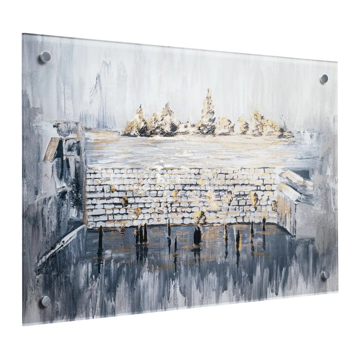 Kosel after Rain painting featuring the Western Wall in Jerusalem with gold leaf accents and textured brushstrokes in gray and blue tones on canvas.
