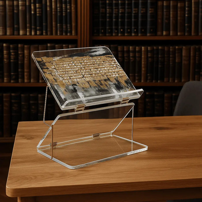 Clear acrylic foldable shtender with Kosel at Winter design displayed on wooden tabletop with library background