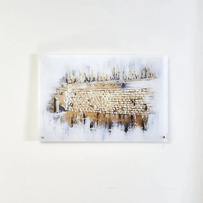 Kosel at Winter painting featuring an abstract watercolor rendering of Jerusalem's Western Wall in soft beige and blue tones on white acrylic background.