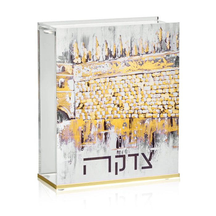 Kosel at Winter Tzedakah Box featuring a painted Western Wall scene with snow, gold accents, and white border design for Shabbat and charitable giving.