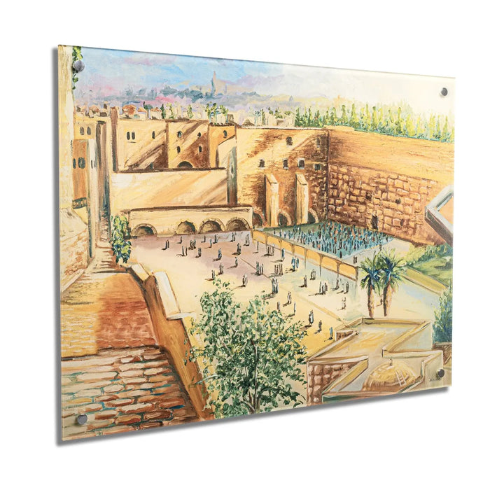 Kosel from on High painting depicting Jerusalem's Western Wall with crowds of worshippers in an aerial perspective, framed wall art by Waterdale Collection.