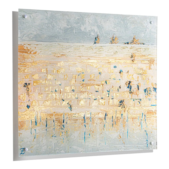 Kosel of Gray & Gold Painting featuring an abstract impressionist rendering of Jerusalem's Western Wall with layered gray and golden tones, canvas wall art.