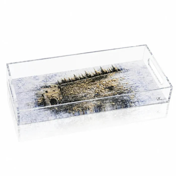 Kosel Teal Bread Tray with clear acrylic base and decorative landscape design, ideal for Shabbat serving and table decor.