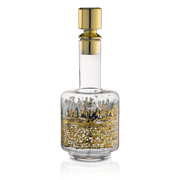 Glass wine decanter with gold leaf flakes and brass pour spout, elegant Mishloach Manos gift bottle for wine service.