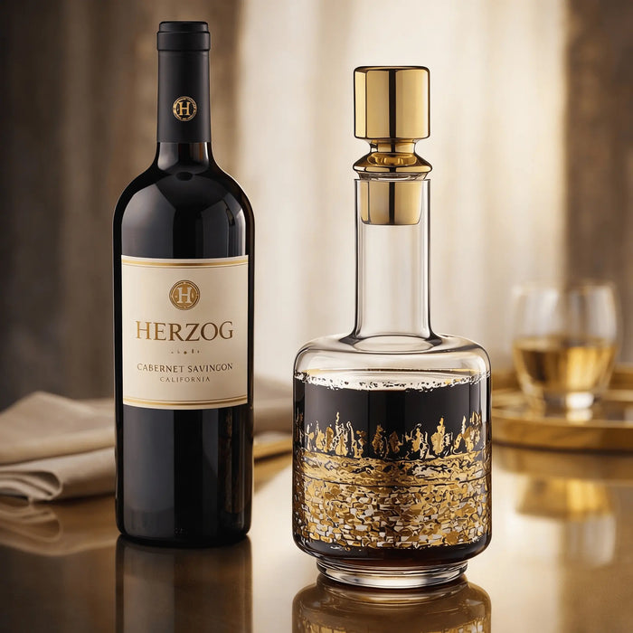 Kosel wine decanter with clear glass body filled with golden liquid, displayed next to a dark wine bottle and filled wine glass on a neutral surface