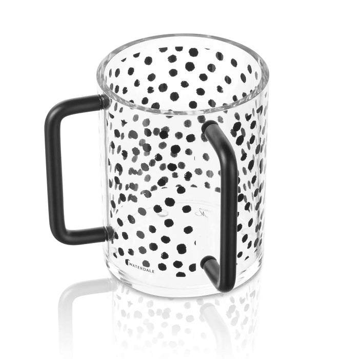 KS Inspired Washing Cup with black polka dot design and handle, ideal for bathroom or Pesach use.