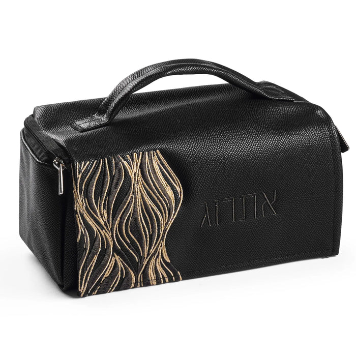 Lace esrog bag in black with gold lace detail, embroidered אתרוג, for Sukkos