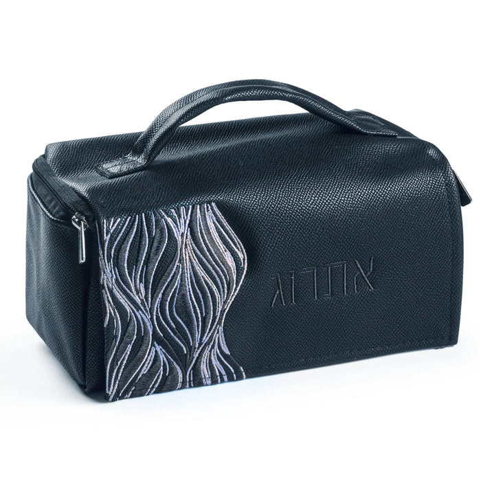 Lace esrog bag in navy with gold lace panel detail and carry handle, for Sukkot (סוכות)