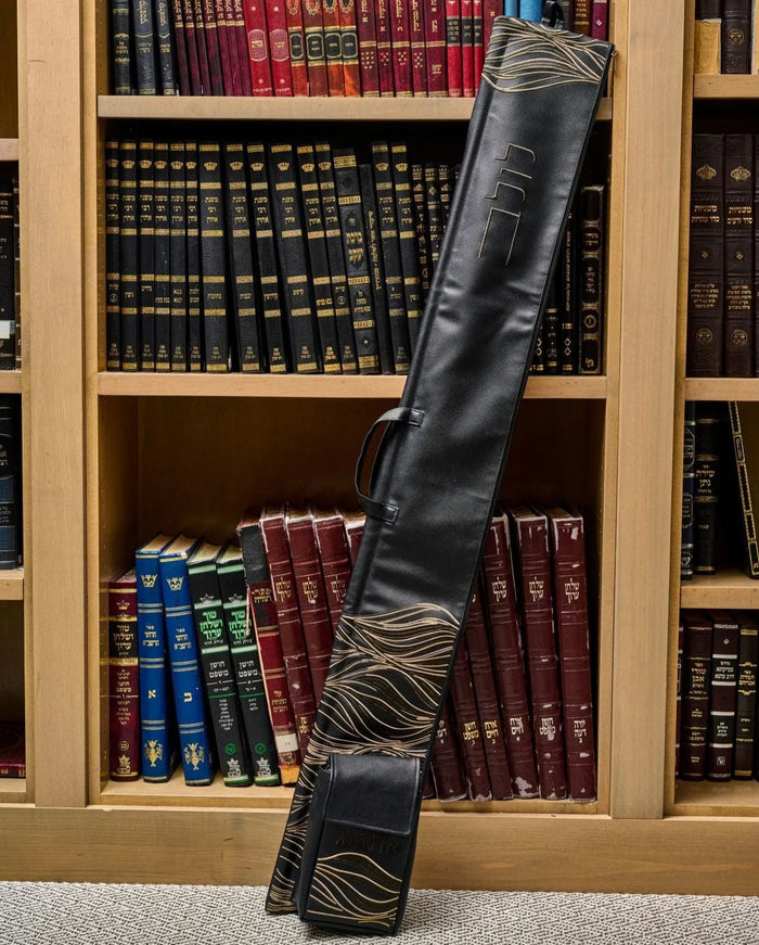 Black lace lulav and esrog case upright, showing the gold lace detailing and the sewn-on esrog bag, for Sukkot