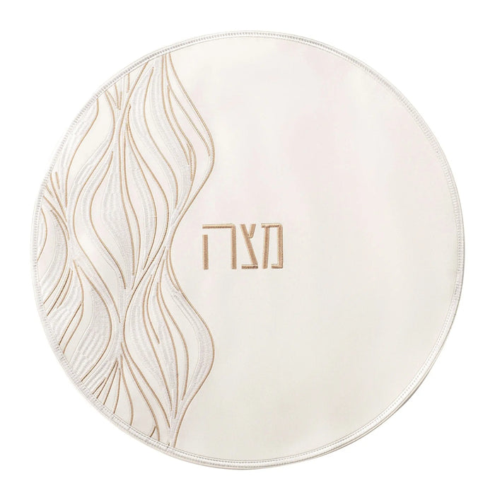 Cream lace matzah cover with delicate leaf pattern and Hebrew text, by Waterdale Collection for Passover.