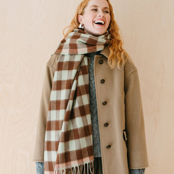 Lambswool Blanket Scarf in Green Gingham