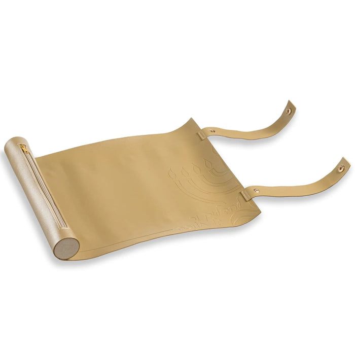 Waterdale Collection leather menorah tray in gold, laid flat to show the wax-resistant mat and curved handles for Chanukah candle lighting