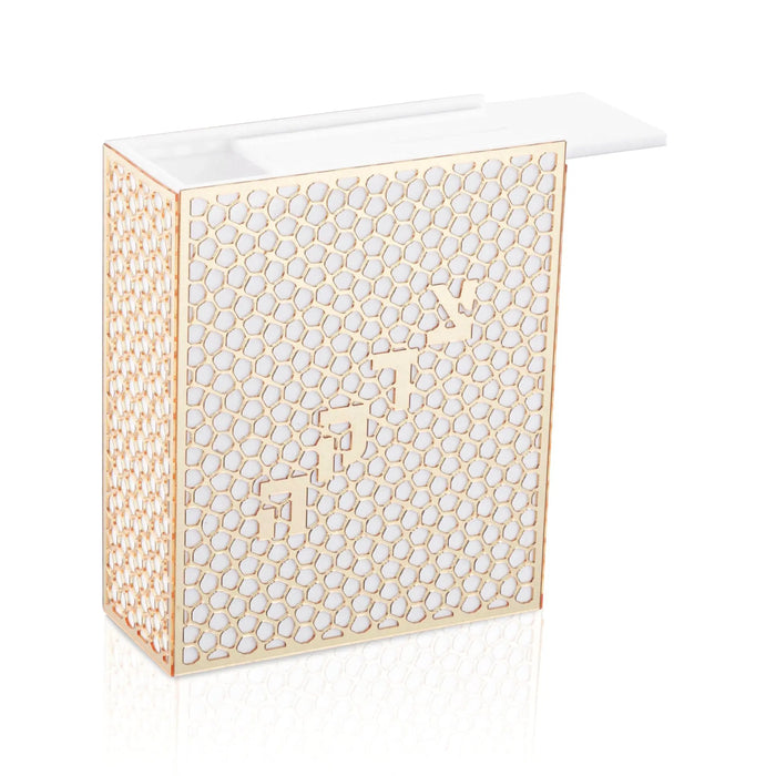 Laser cut Tzedakah box with geometric pattern in cream and natural wood tones, featuring a white top panel, displayed at an angle.