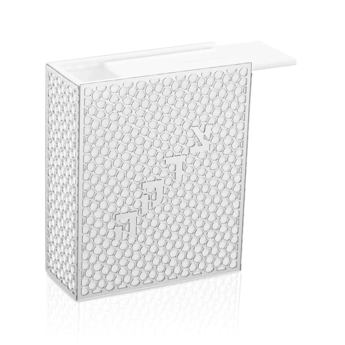 Waterdale Collection laser cut Tzedakah box in white with geometric hexagon pattern design and slot opening for charitable donations.