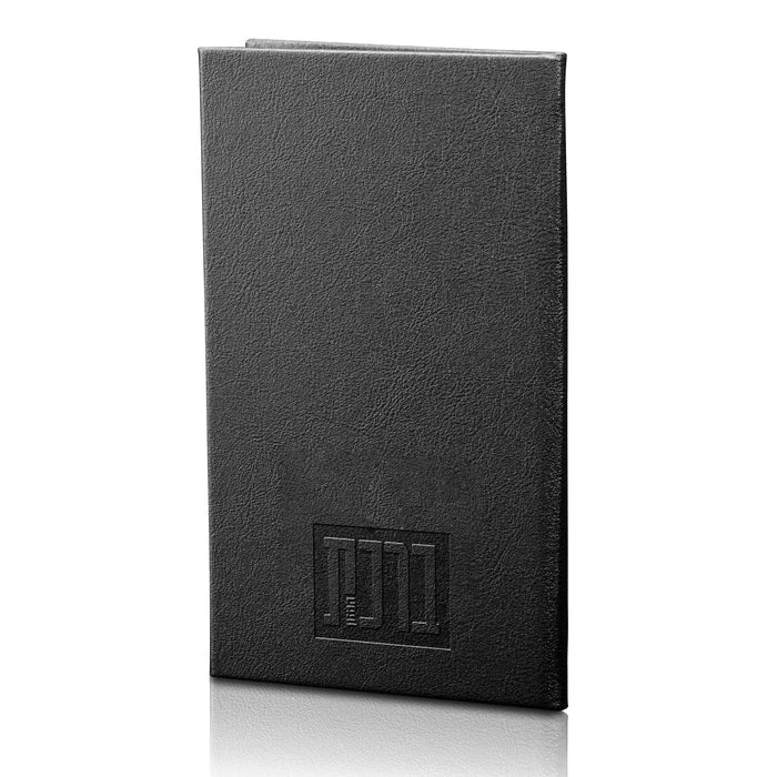 Black leather Bencher for Birchat Hamazon with embossed Hebrew details, closed cover view.