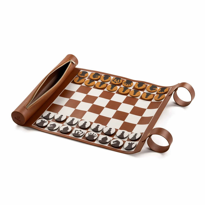 Brown leather chess and checkers set with rolled edges and handles, featuring a checkered board with game pieces.