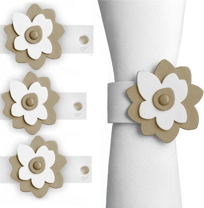 Waterdale Collection leather flower napkin wraps in cream and gold, set of four decorative napkin rings with floral cutout design