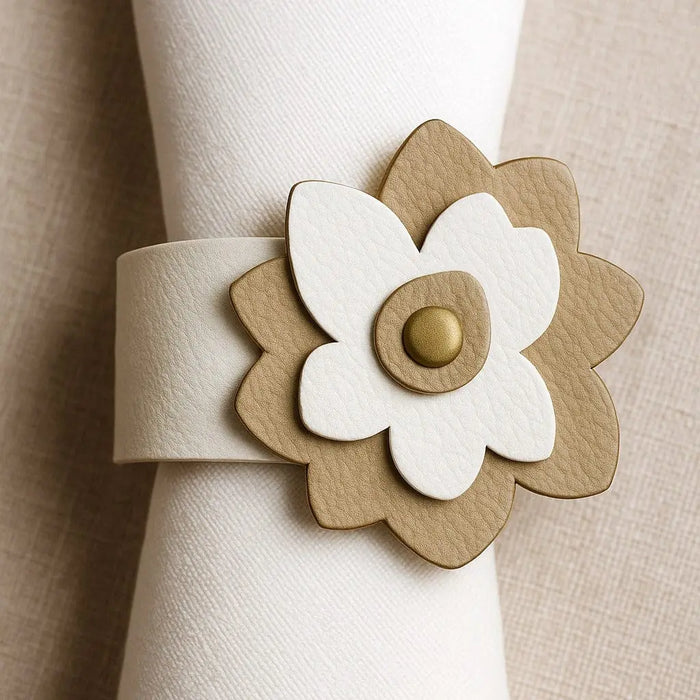 Tan and cream leather flower napkin wrap with layered petal design and gold button center, displayed on white napkin.