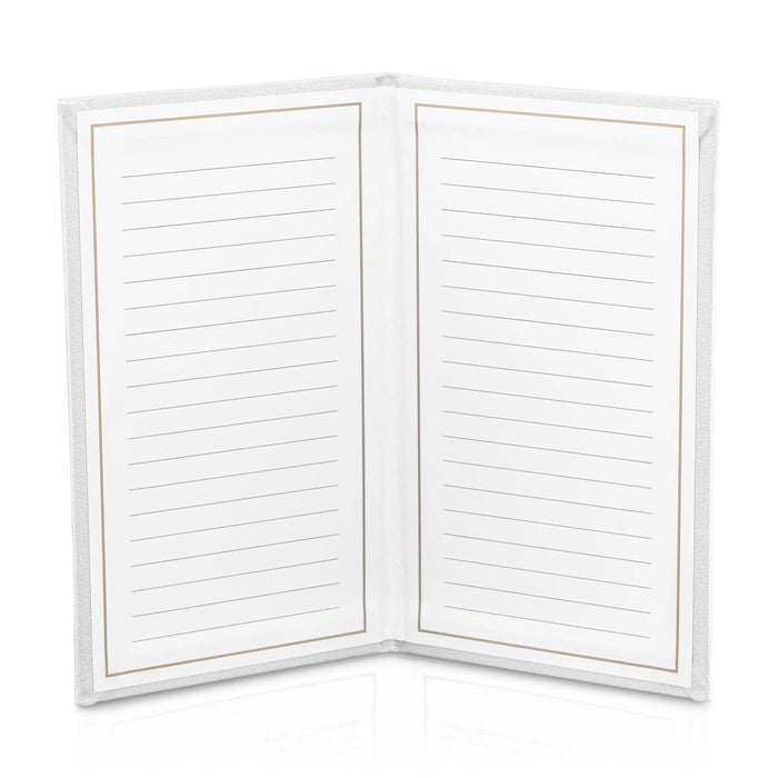White leather gift note booklet with lined pages, open to display interior writing space, ideal for cards and messages.