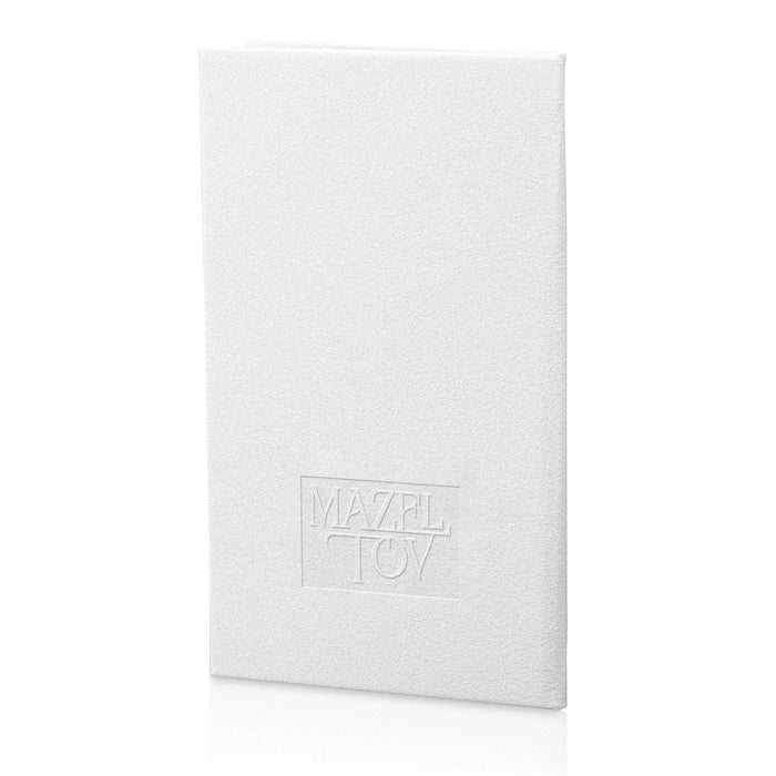 White leather gift note booklet by Waterdale Collection with embossed logo detail, ideal for bat mitzvah cards and special occasions.