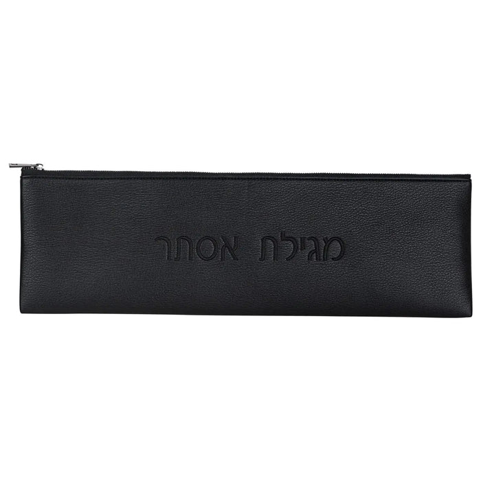 Black leather Megillah case bag with embossed Hebrew text, perfect for storing and carrying Purim scrolls.