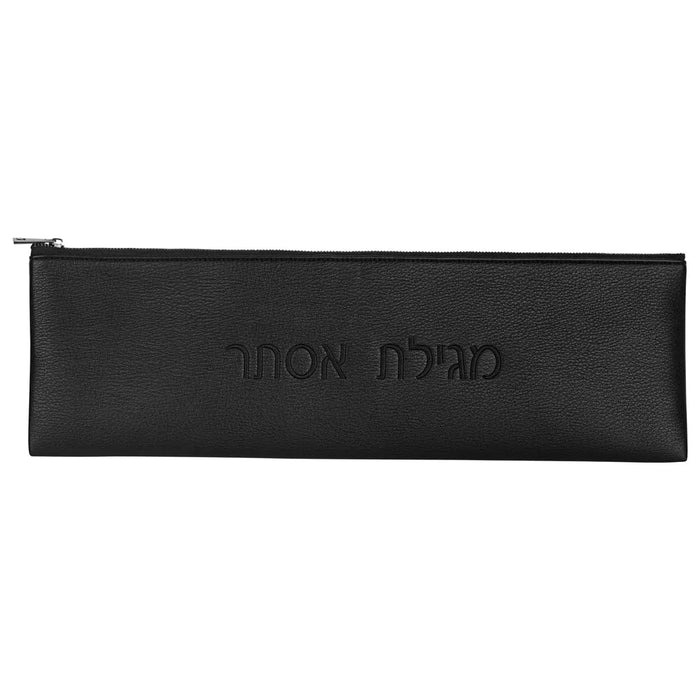 Black leather megillah case bag with embossed Hebrew text, shown flat against a white background