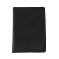 Black leather passport case by Waterdale Collection with embossed logo detail, compact travel organizer for documents and cards.