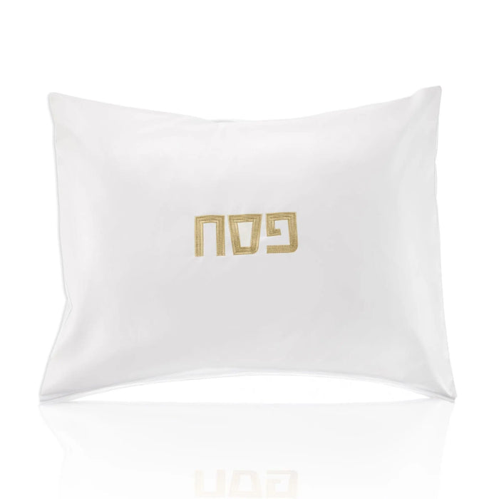 White leather pillow case with gold Hebrew Pesach embroidery by Waterdale Collection