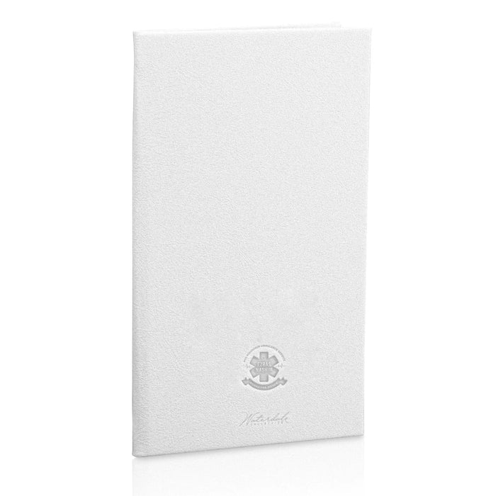 White hardcover personalization book with embossed logo detail on front cover