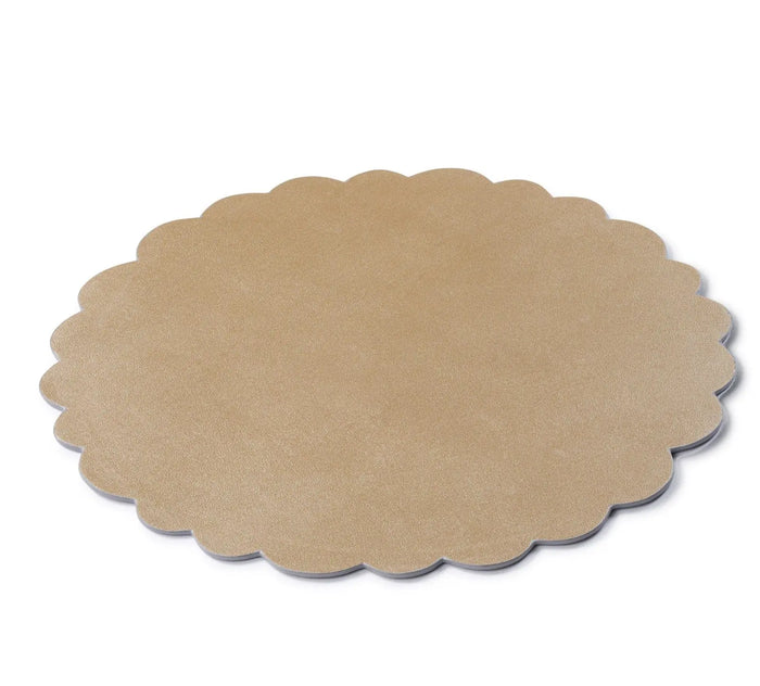 Tan leather scalloped charger plate with wavy edges, displayed flat against a white background, perfect for elegant table settings.