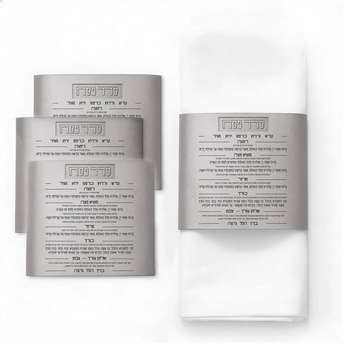 Leather Seder card napkin wraps in silver and gold displayed open to show printed Haggadah text on leatherette material for Pesach table settings.