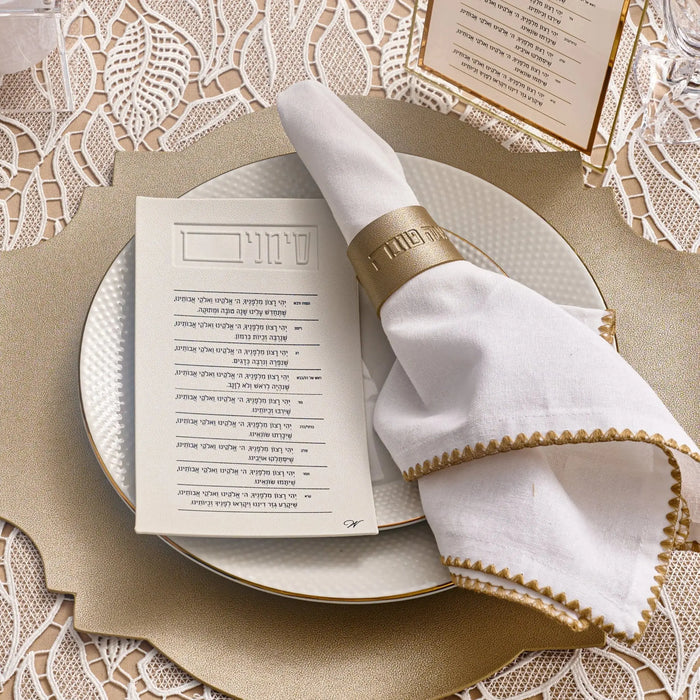 Rosh Hashanah napkin wraps and a simanim card on a holiday tablescape
