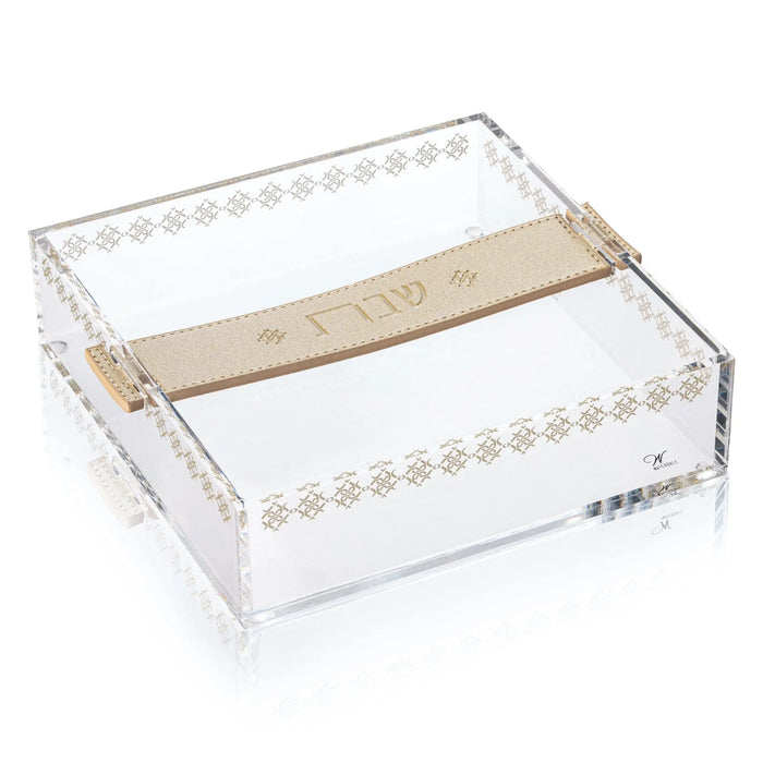 Waterdale Collection leather strap napkin holder with clear acrylic base and brushed metal trim, displayed closed on white background.