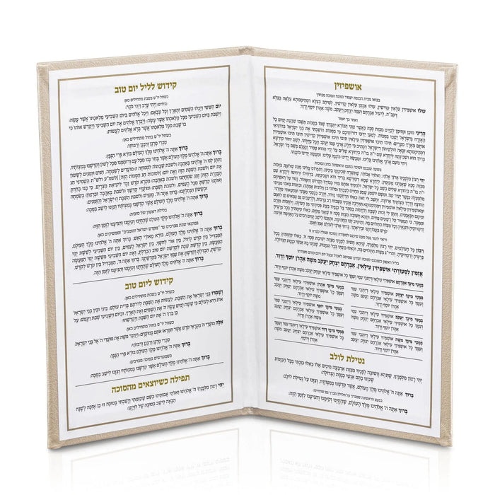 Leather Sukkos booklet open to the Hebrew text of the Ushpizin (אושפיזין) and the lulav brachos