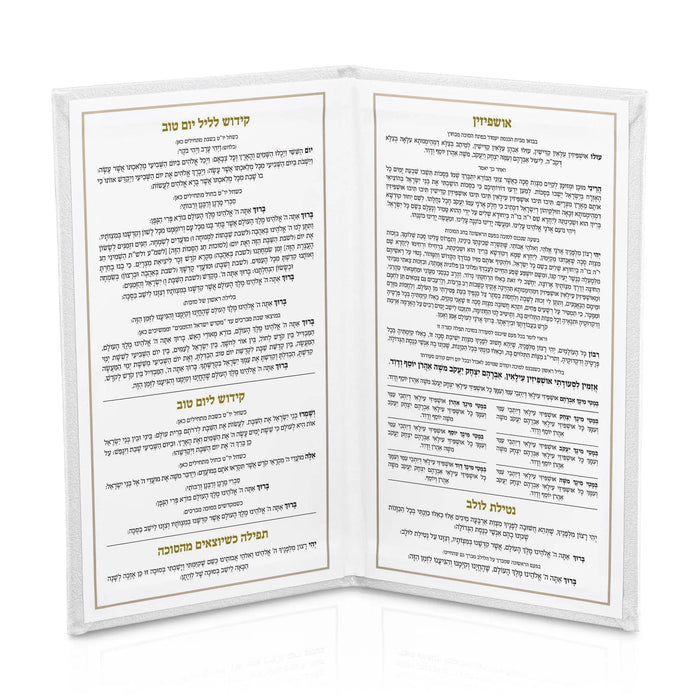Leather Sukkos booklet open on the sukkah table, Ushpizen, lulav and Kiddush booklet for Sukkos