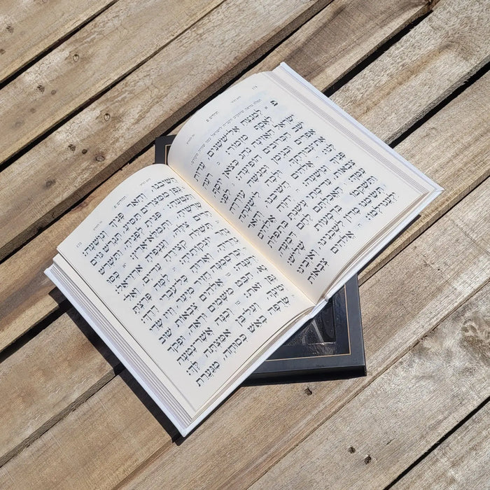 Leather Tehillim prayer book opened on wooden surface, displaying Hebrew text pages with black Lucite plate holder beneath binding.