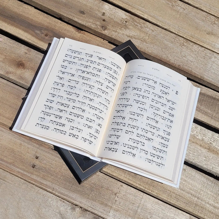 Leather Tehillim book open on wooden surface, showing Hebrew text pages with decorative lucite plate visible on cover.