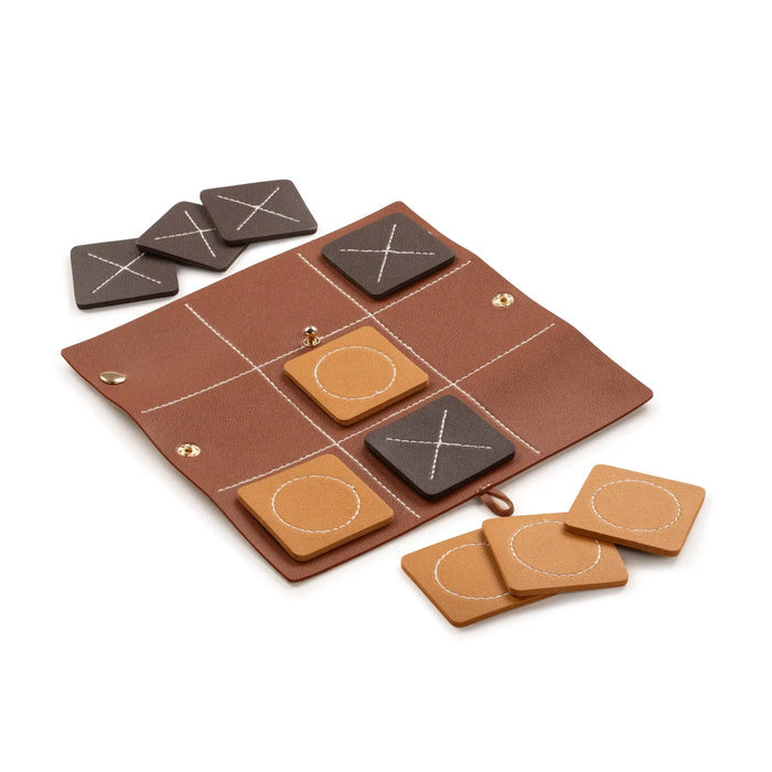Leather tic tac toe game set with brown board, wooden game pieces, and black leather storage pouch by Waterdale Collection.