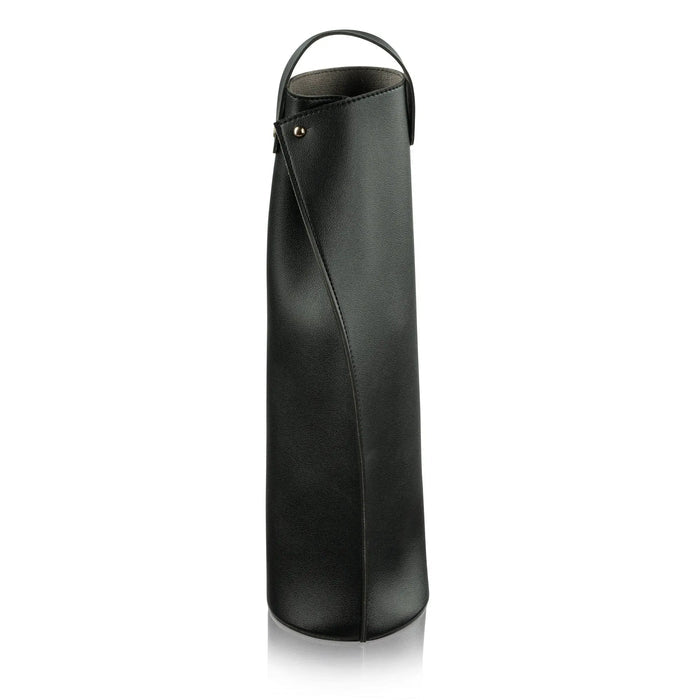 Black leather wine bag with carry handle by Waterdale Collection, perfect for wine bottle storage and transport