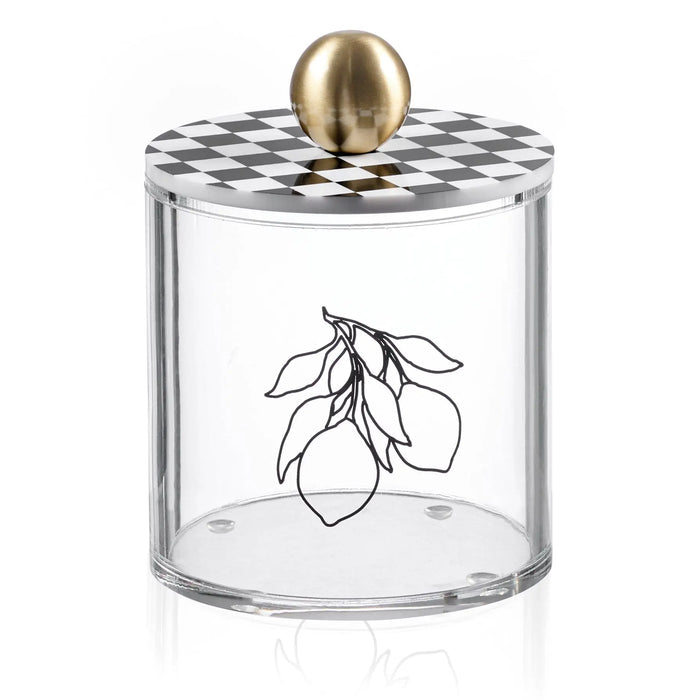Lemona cylinder canister with checkered black and white lid, brass finial, and lemon botanical illustration on clear glass body.