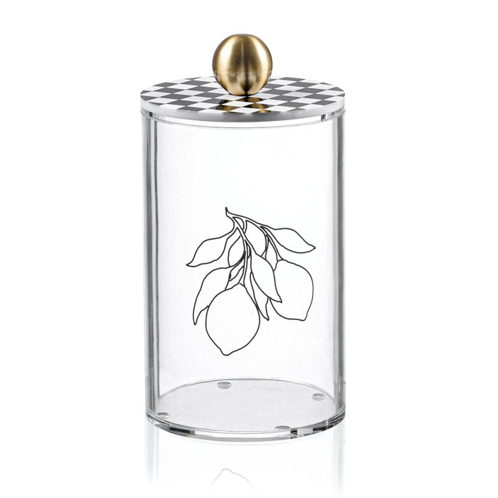 Lemona cylinder canister with clear glass body, brass-tone finial lid, and delicate lemon branch illustration, ideal for kitchen storage and serveware.
