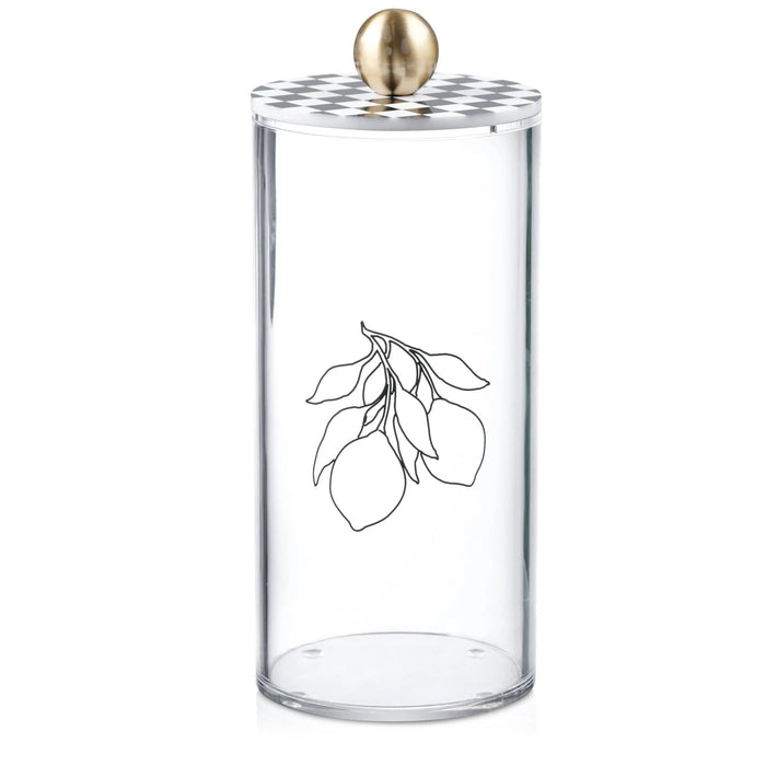 Lemona Cylinder Canister with lemon branch illustration, clear glass with brass finial lid for kitchen storage and serveware.