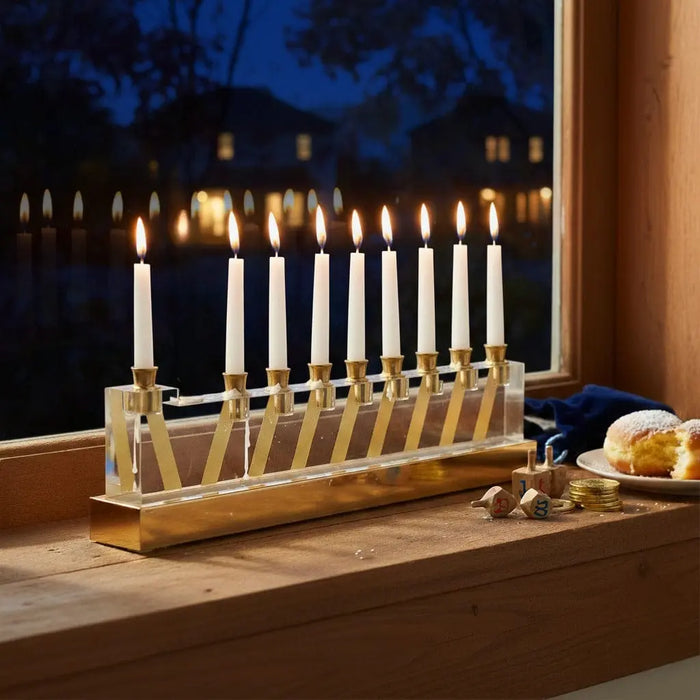 The Line Menorah on a windowsill at dusk, nine white candles in its fire-safe inserts above the mirrored base, for Chanukah