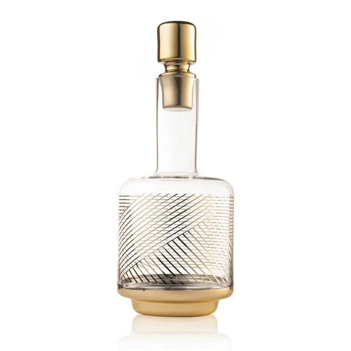 Linear Wine Decanter with textured glass body and brass-tone base and stopper, displayed against white background.